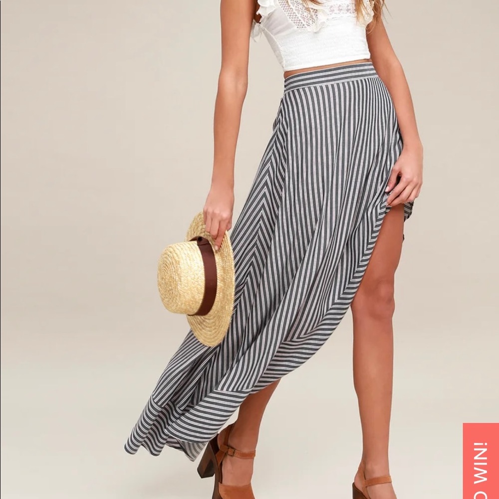 LULU’s high-wast hi-low ruffle nautical maxi skirt